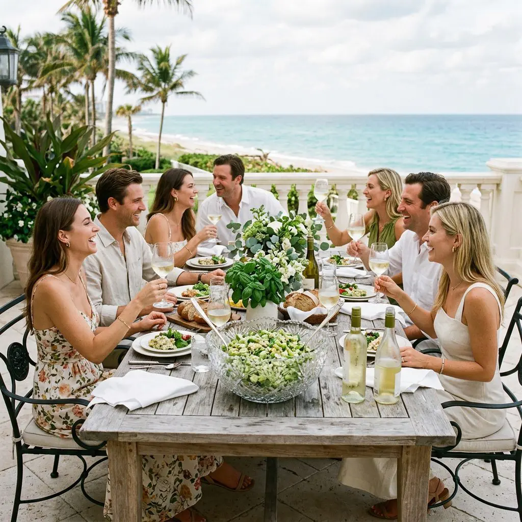 An elegant, warmly lit outdoor luncheon setting explicitly featuring a Party of 8 gathered around the table laughing, eating, and drinking icy Sauvignon Blanc in elegant long-stemmed glasses in a luxurious Palm Beach Estate dining patio with ocean views. A massive crystal bowl of vibrant green Chicken Salad anchors the effortlessly elegant coastal afternoon.