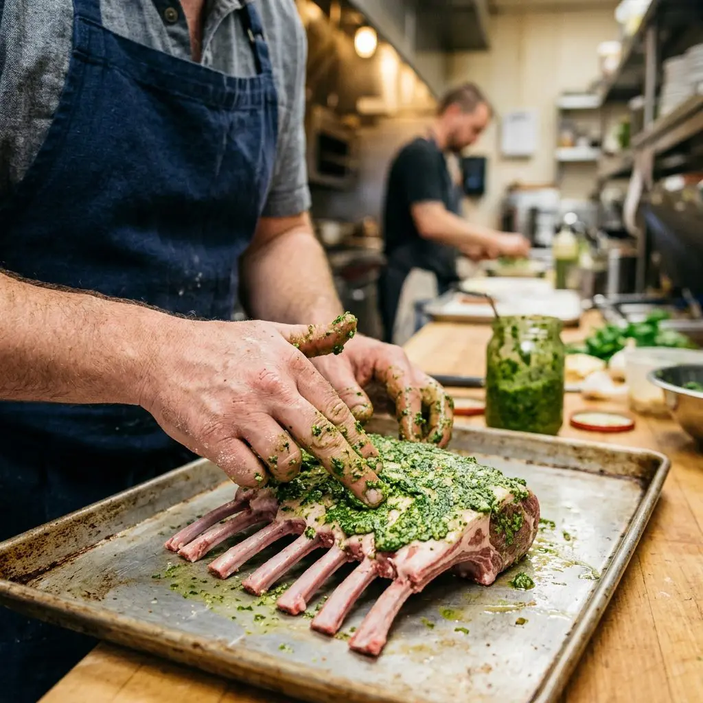 Close-up action shot of a cook's hands using their fingers to generously smear a thick, vibrant green basil and spinach pesto paste all over a raw rack of lamb resting on a baking sheet.