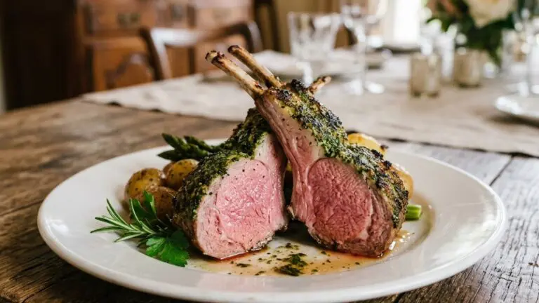 Stunning plated serving of Pesto-Crusted Rack of Lamb, a chef-tested recipe by Chef Jorj Morgan.
