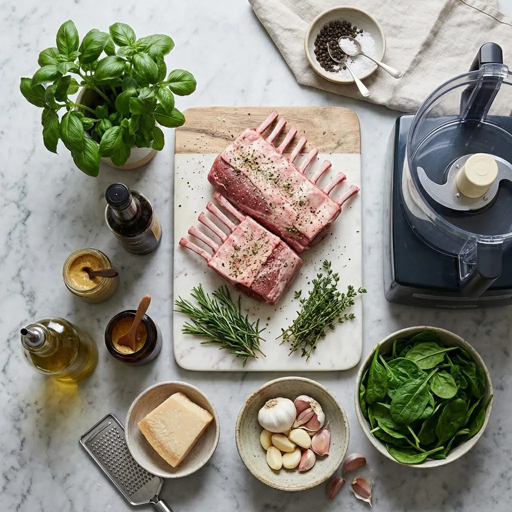 Ingredients arranged: two raw, trimmed racks of lamb, a large bunch of fresh green basil, fresh spinach leaves, a block of Parmesan cheese, garlic cloves, Dijon mustard, Worcestershire sauce, olive oil, and a food processor arranged around a marble prep board.