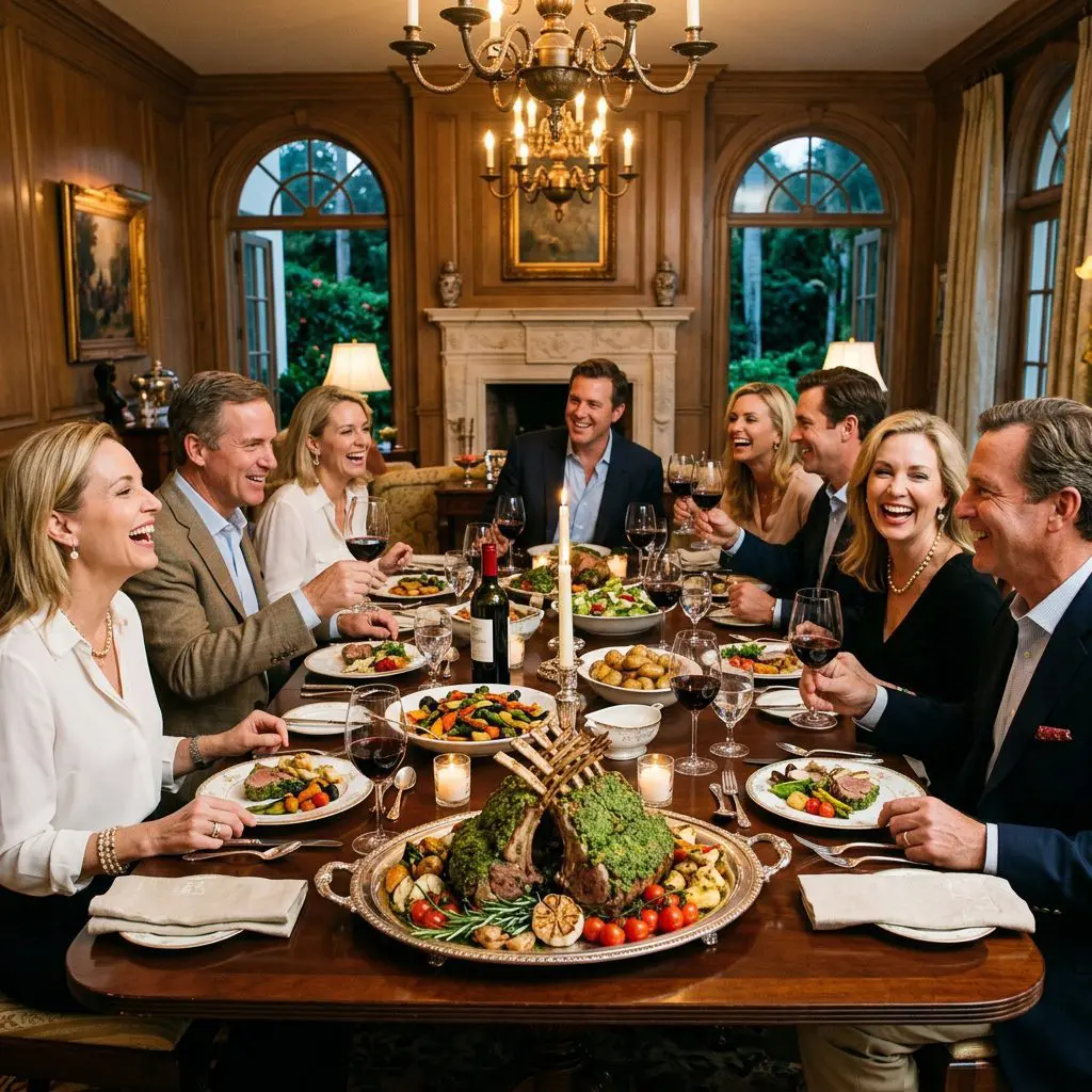 8 guests gathered around the table laughing, eating, and drinking red wine in a Palm Beach Estate dining room, with an architectural intertwined Pesto-Crusted Rack of Lamb anchoring the center of the joyful feast.