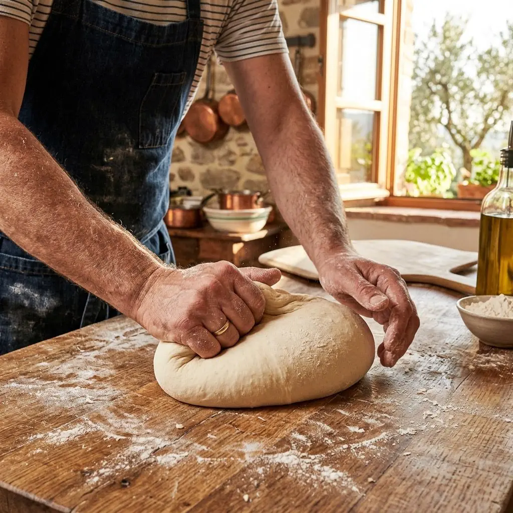 Action shot of a skilled cook's hands dynamically kneading a soft, smooth, round ball of fresh pizza dough on a flour-dusted wooden cutting board in a brightly lit estate kitchen. Subtle clouds of flour float in the air, capturing the vibrant motion of the dough being turned and shaped.
