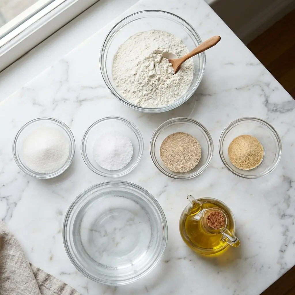 Overhead raw ingredients mise en place shot: clear glass bowls and dishes elegantly presenting active dry yeast, granulated sugar, a generous heap of unbleached all-purpose flour, kosher salt, and fine garlic powder, alongside a sleek glass cruet filled with rich, golden olive oil, all arranged on a smooth, luminous white marble countertop in a light-flooded kitchen.