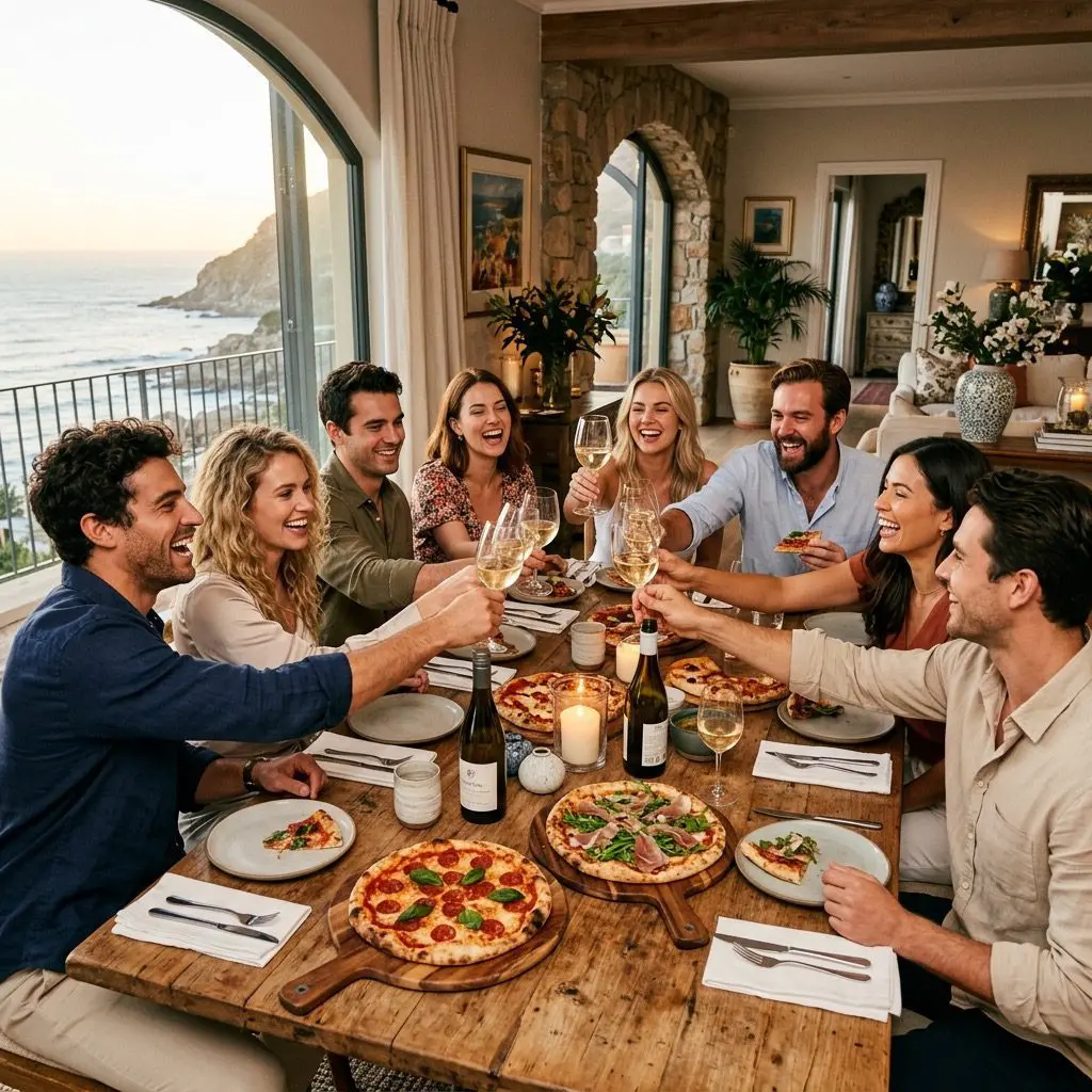 A late-afternoon gathering in a coastal estate dining room overlooking the blue ocean. Eight guests are gathered around a long rustic wooden table, laughing, clinking glasses of chilled white wine, and sharing a piping-hot, golden-crusted homemade pizza from a large wooden peel.