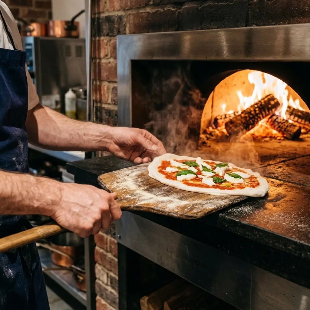 Action shot of a cook's bare hands dynamically transferring a topped raw Pizza Margherita from a wooden pizza peel dusted with semolina flour onto a preheated baking stone inside a professional oven in an estate kitchen. Soft steam and heat rise from the oven.