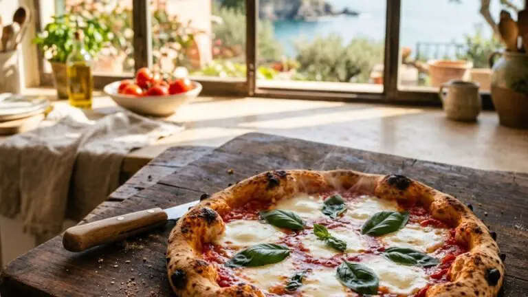 Stunning plated serving of Pizza Margherita, a chef-tested recipe by Chef Jorj Morgan.