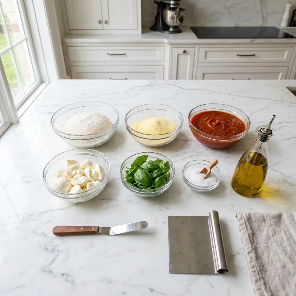 Overhead raw ingredients mise en place shot: neatly arranged clear glass bowls presenting a smooth round pizza dough ball, fine yellow semolina flour, a bowl of rich red pizza sauce, chunks of fresh white mozzarella, fresh green basil leaves, and flaky kosher salt, alongside a glass cruet of golden extra-virgin olive oil on a luminous white marble countertop.