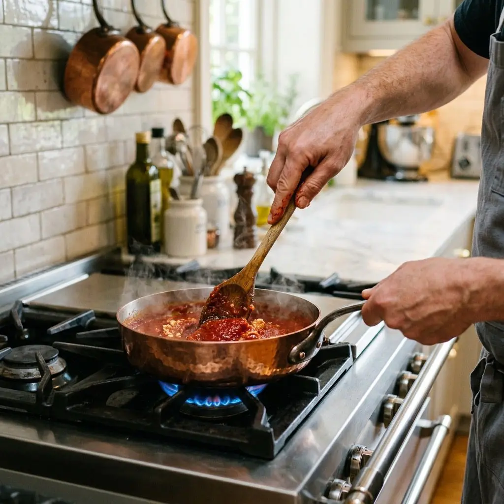 Action shot of a cook's bare hands dynamically stirring vibrant red tomato paste and minced garlic with a wooden spoon in a copper saucepan on a gas range in a brightly lit estate kitchen. Soft steam rises from the pan.