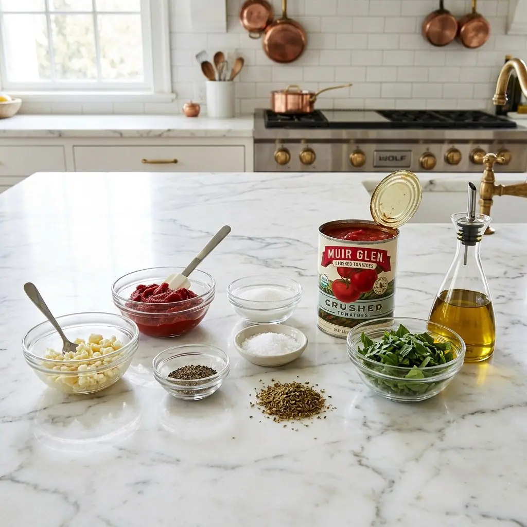 Overhead raw ingredients mise en place shot: neatly arranged clear glass bowls presenting peeled and minced garlic, a small bowl of rich red tomato paste, granulated sugar, kosher salt, coarse black pepper, and dried ground oregano, alongside fresh chopped basil and a can of crushed tomatoes, positioned next to a sleek glass cruet of golden extra-virgin olive oil on a luminous white marble countertop.
