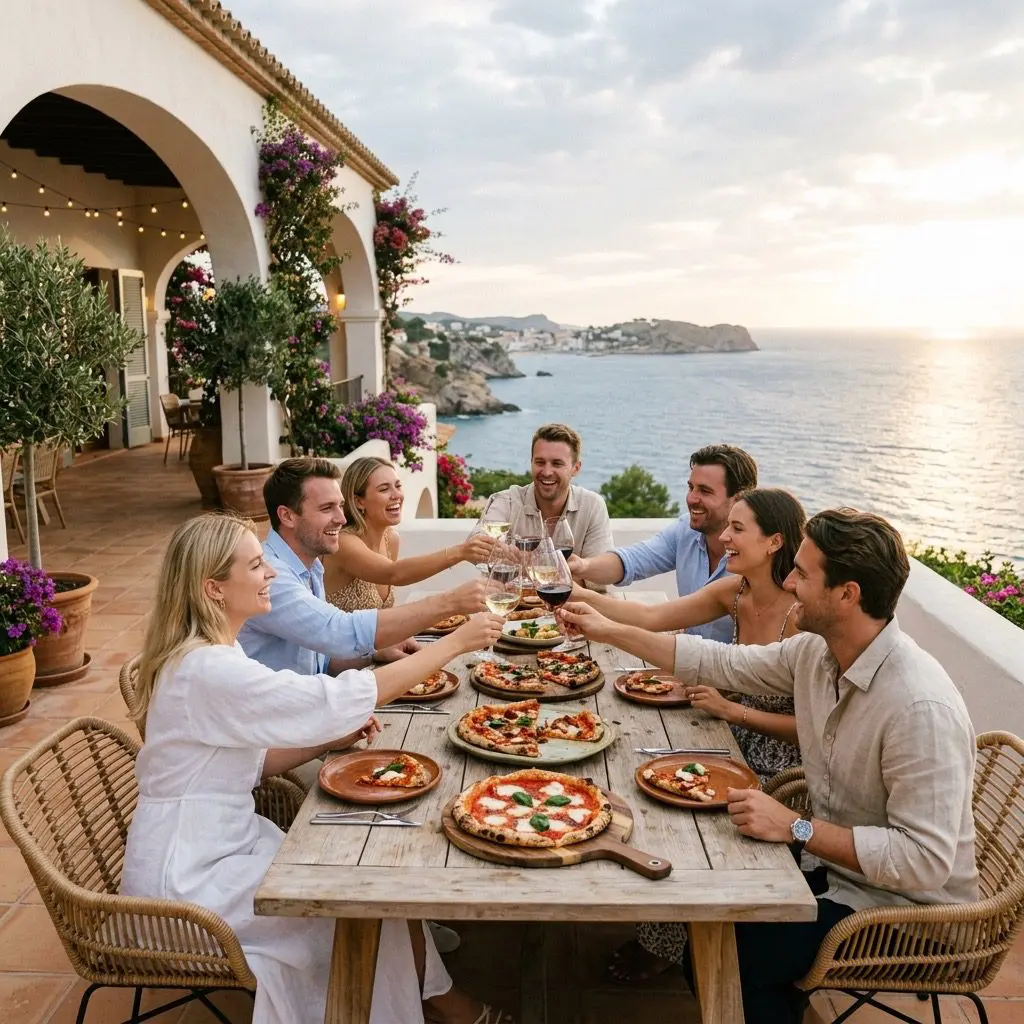A late-afternoon gathering on a coastal estate terrace overlooking the blue ocean. Eight guests are gathered around a long rustic wooden table, laughing, clinking wine glasses, and sharing wood-fired pizzas with rich red sauce.