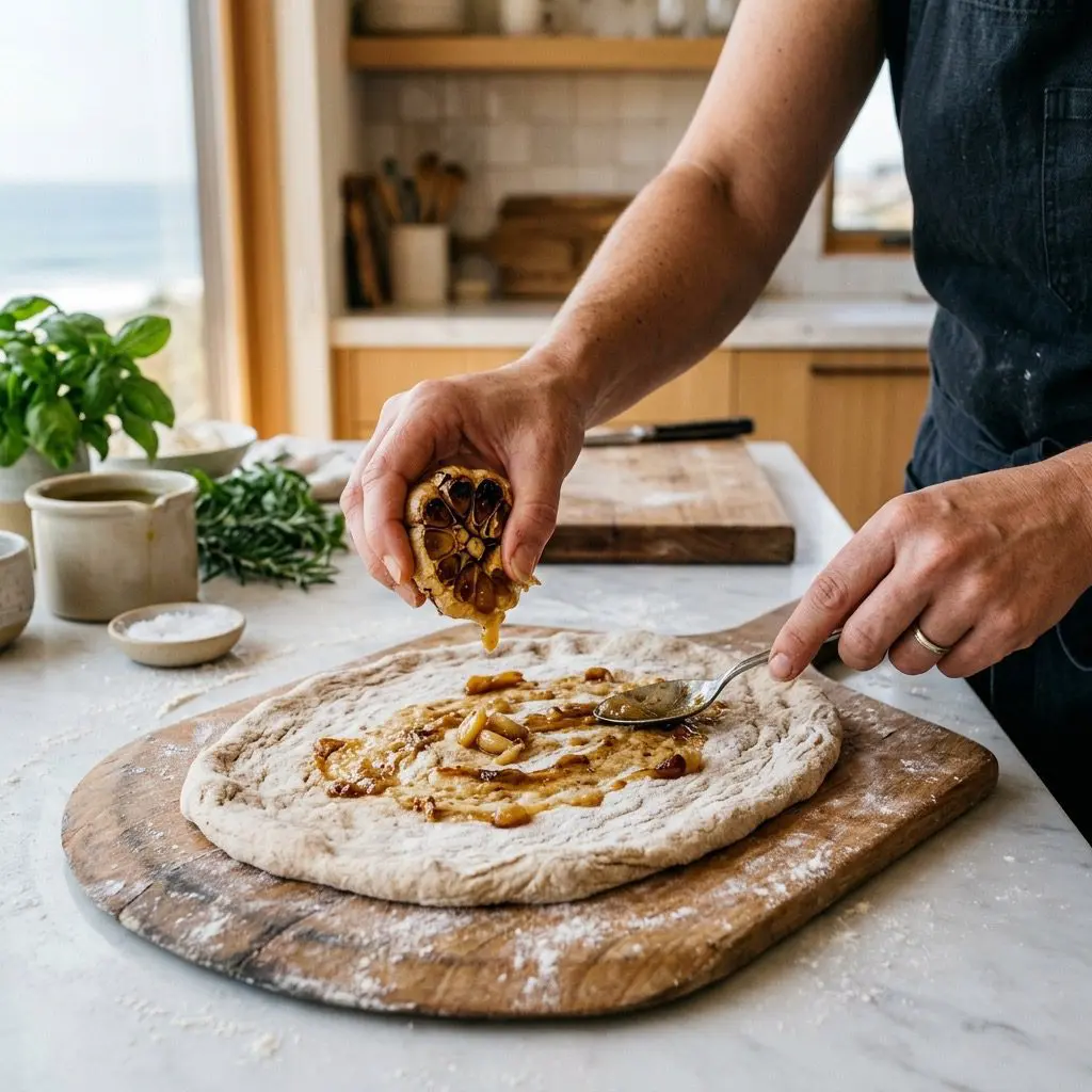 Close-up action shot of a cook's hands squeezing sweet, soft caramelized garlic cloves from a roasted head directly onto a rolled-out rustic pizza dough on a floured wooden pizza peel.