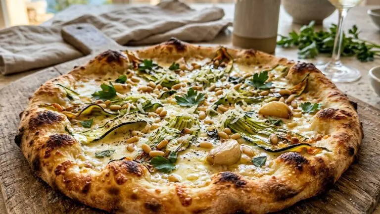 Stunning plated serving of Pizza with Zucchini, Roasted Garlic, and Pine Nuts, a chef-tested recipe by Chef Jorj Morgan.