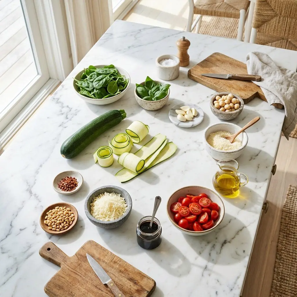 Ingredients arranged on a white marble board next to a bright window: fresh spinach, basil in a bowl, garlic cloves, macadamia nuts, grated Parmesan cheese, olive oil in a small glass pitcher, halved baby tomatoes, a jar of balsamic reduction, grated Manchego cheese, a whole zucchini next to delicate paper-thin zucchini ribbons, toasted pine nuts, and red pepper flakes.