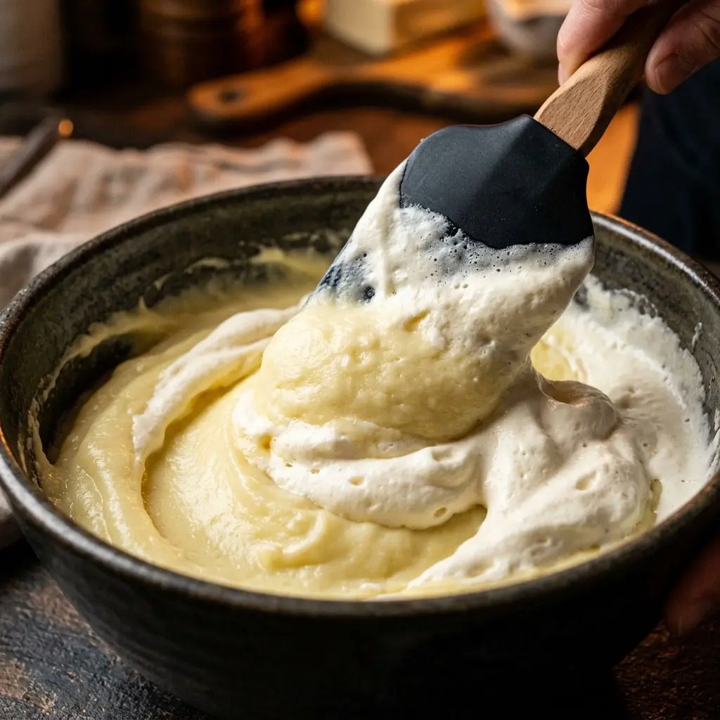 Extreme close-up action shot gently folding softly whipped heavy cream into an incredibly smooth, buttery potato puree in a dark ceramic mixing bowl using a large rubber spatula