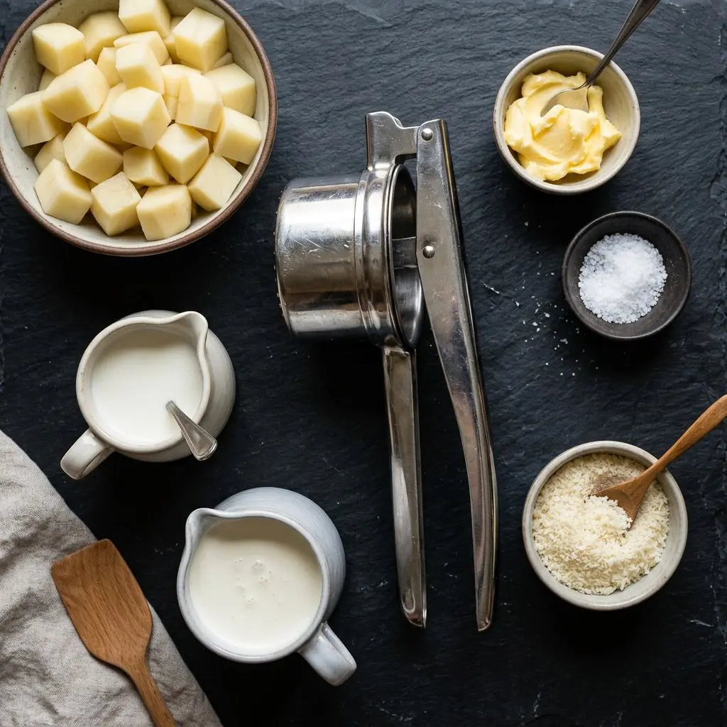 Overhead prep shot of fresh ingredients for Pommes de Terre Chantilly, including cubed potatoes, butter, milk, heavy cream, Parmesan cheese, and a metal potato ricer