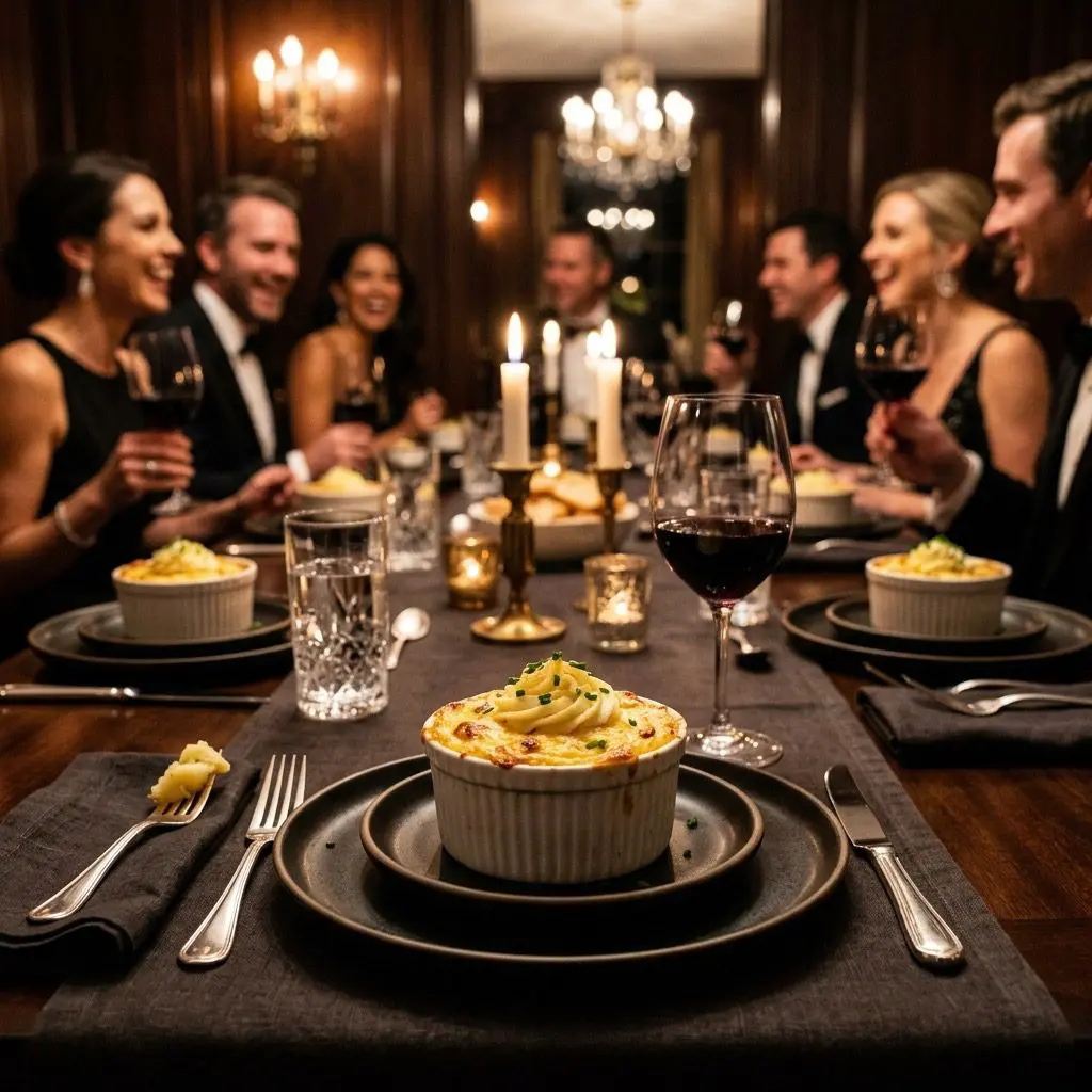An elegant, formal dinner table setting featuring individual ramekins of golden Pommes de Terre Chantilly, with a sophisticated dinner party in the background