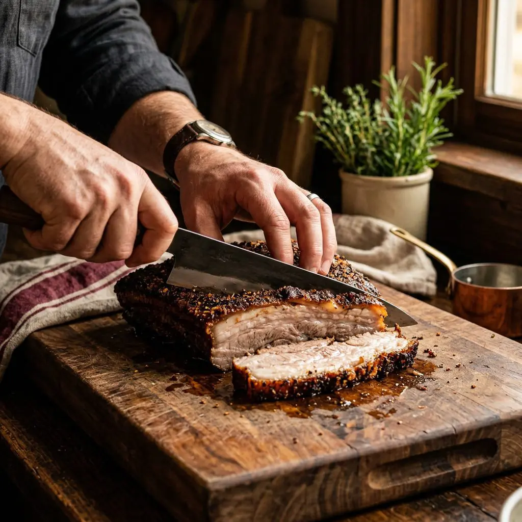 A cook's hand using a sharp chef's knife to slice through a thick, roasted slab of pork belly on a wooden cutting board, revealing the tender, juicy layers of meat and fat beneath a dark spice crust.