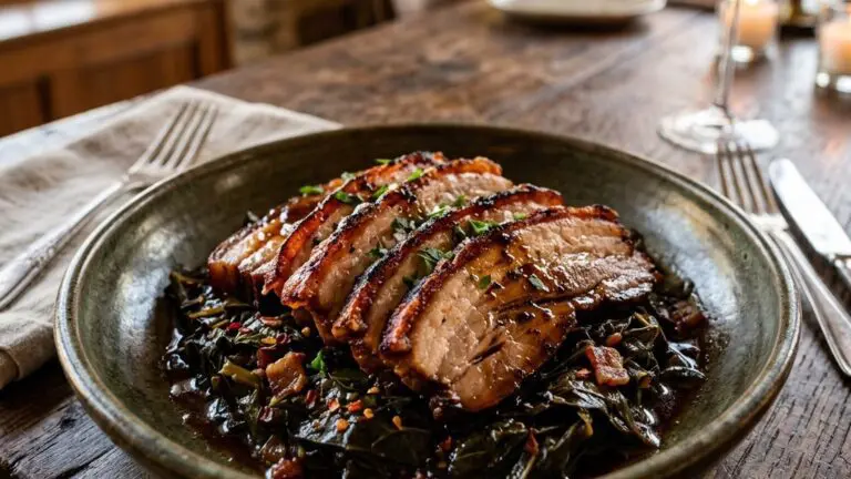 Stunning plated serving of Slow-Roasted Pork Belly with Collard Greens, a chef-tested recipe by Chef Jorj Morgan.
