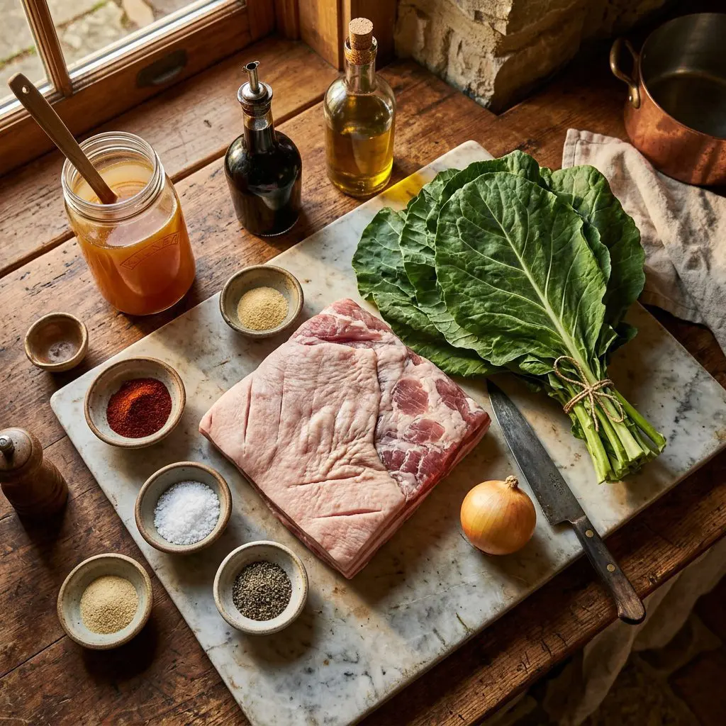 Ingredients arranged: a massive raw slab of pork belly, a bunch of fresh green collard greens, chicken stock, balsamic vinegar, olive oil, a yellow onion, and bowls of onion powder, garlic powder, chili powder, salt, and pepper around a marble prep board.