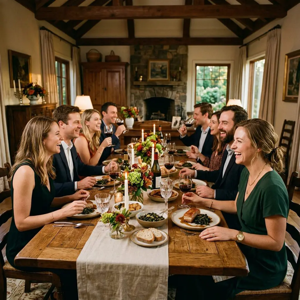 8 guests gathered around the table laughing, eating, and drinking red wine in a North Carolina Estate dining room. An individual plate of Slow-Roasted Pork Belly with Collard Greens sits in front of the closest guest.