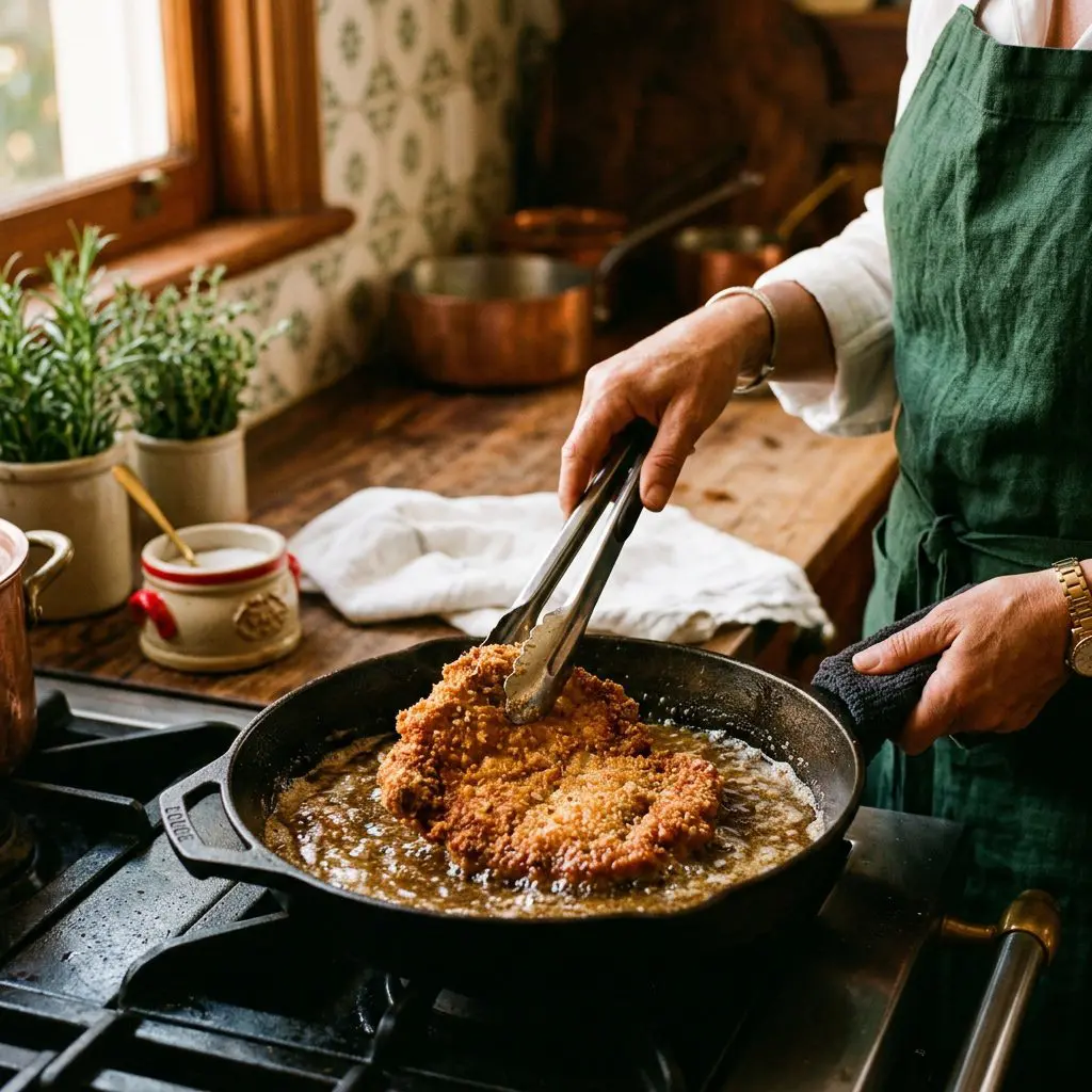Close-up action shot of a cook's hands using tongs to carefully flip a large, sizzling, golden-brown breaded pork cutlet in a hot cast-iron skillet, with oil bubbling around the edges.