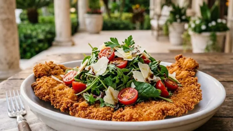 Stunning plated serving of Pork Milanese with Mixed Greens, a chef-tested recipe by Chef Jorj Morgan.
