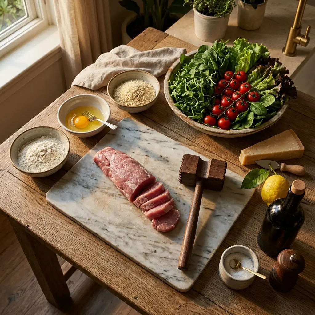 Ingredients arranged: a raw pork tenderloin, small bowls of flour, panko breadcrumbs, a cracked egg, a large mound of fresh mixed greens, cherry tomatoes, a wedge of Parmesan cheese, a lemon, olive oil, salt, pepper, and a wooden meat mallet around a marble prep board.