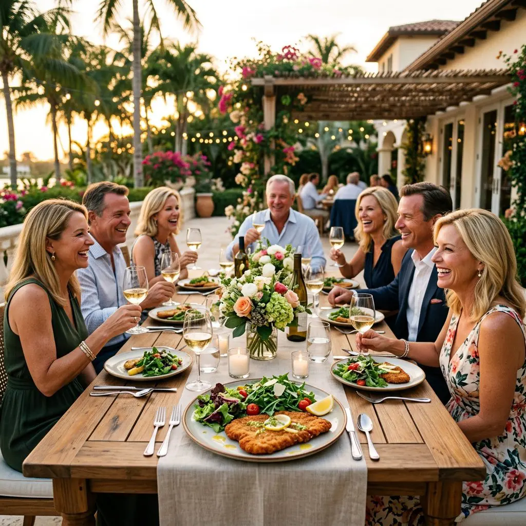 8 guests gathered around the table laughing, eating, and drinking white wine in a Palm Beach Estate dining patio. A beautiful individual plate of Pork Milanese with Mixed Greens sits in front of the closest guest.