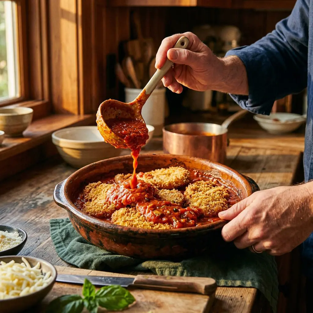 Close-up action shot of a cook's hand pouring a thick, rich red tomato sauce over crispy, golden-brown breaded pork cutlets nestled in a ceramic baking dish, before adding cheese.