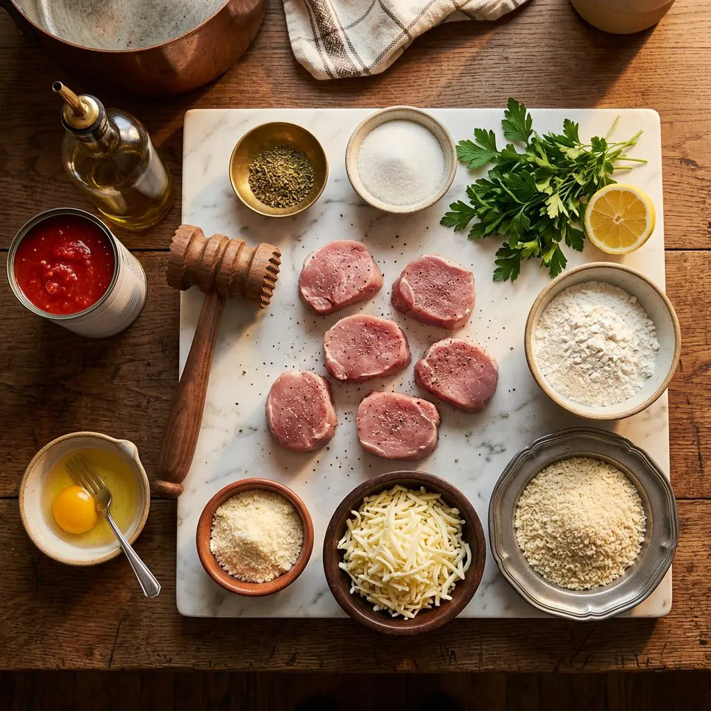Ingredients arranged: raw pork tenderloin medallions, a can of crushed tomatoes, a lemon, bowls of sugar and oregano, flour, an egg, panko breadcrumbs, shredded mozzarella cheese, grated Parmesan cheese, fresh parsley, olive oil, and a wooden meat mallet around a marble prep board.