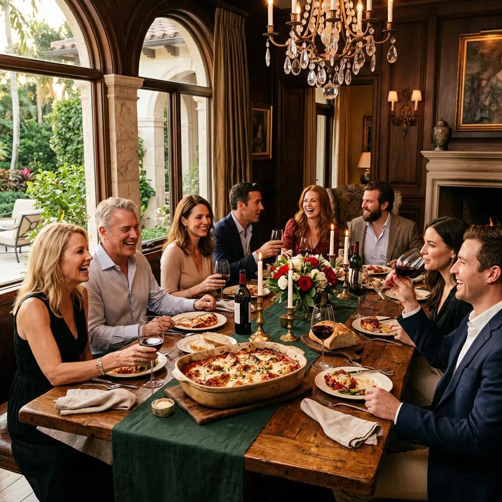8 guests gathered around the table laughing, eating, and drinking red wine in a Palm Beach Estate dining room. A massive, bubbling ceramic baking dish of Pork Parmesan anchors the center of the joyful feast.