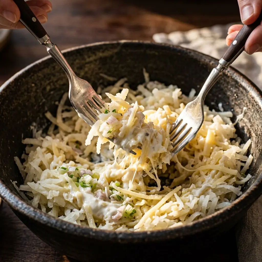 Extreme close-up action shot using two silver forks to very gently toss fluffy, cold shredded baked potatoes with minced shallots, thick sour cream, and grated sharp white cheddar cheese