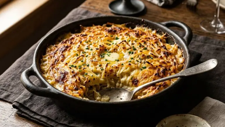 Stunning plated serving of Potatoes Romanoff, a chef-tested recipe by Chef Jorj Morgan.