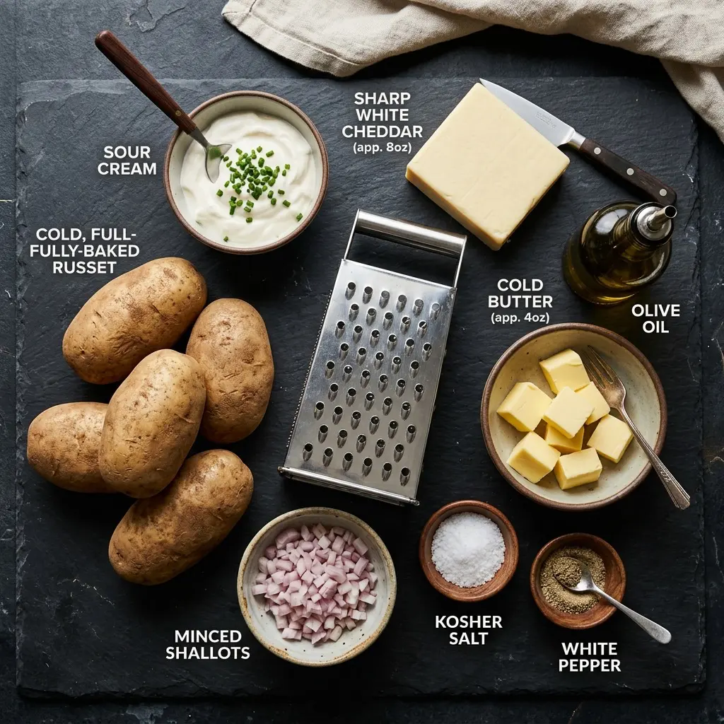 Overhead prep shot of fresh ingredients for Potatoes Romanoff, including cold baked potatoes, olive oil, minced shallots, white pepper, a block of sharp white cheddar, sour cream, cubed butter, and a metal box grater