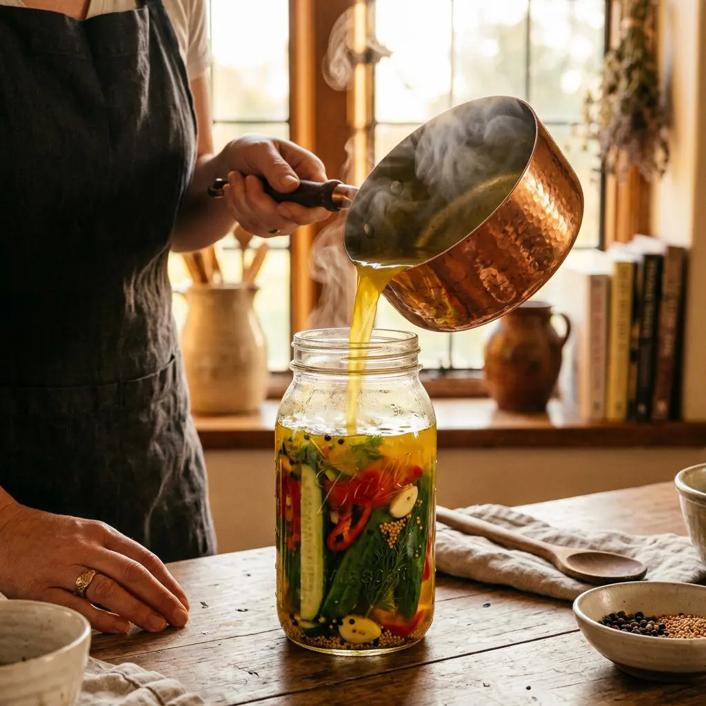 Steaming hot, vibrant yellow turmeric-tinted brine being carefully poured from a copper saucepan into a large glass mason jar packed tightly with raw cucumber spears and red bell peppers.