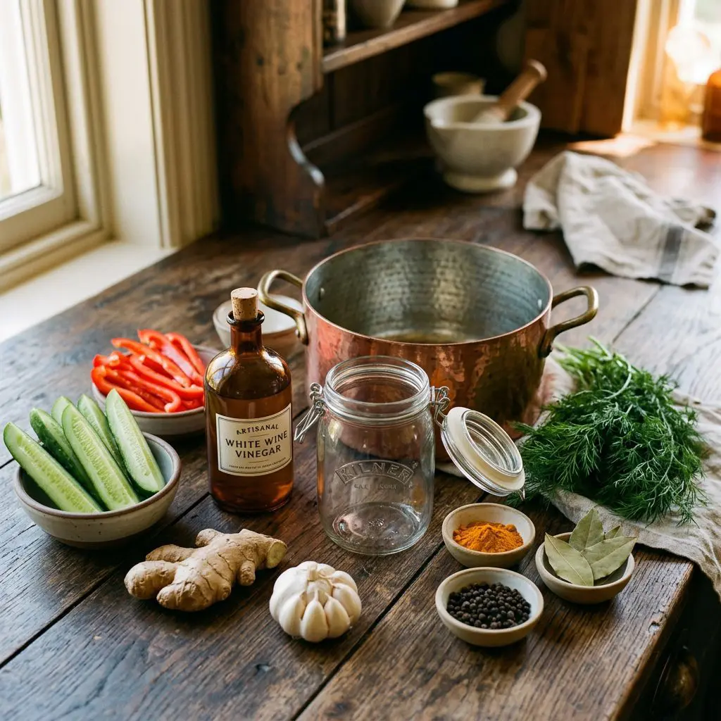 Raw ingredients for homemade pickles arranged: crisp pickling cucumbers cut into spears, strips of red bell pepper, a bottle of white wine vinegar, fresh ginger root, garlic cloves, fresh dill, turmeric powder, peppercorns, and bay leaves, arranged around a deep copper saucepan and a large glass mason jar.