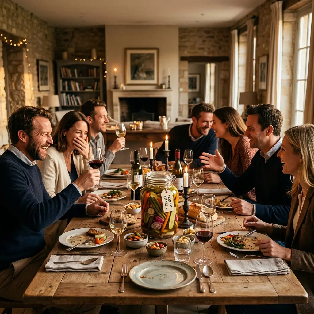 8 guests gathered around the table laughing, eating, and drinking wine, with a large rustic glass jar of vibrant Pretty Pickles in the center as the anchor.