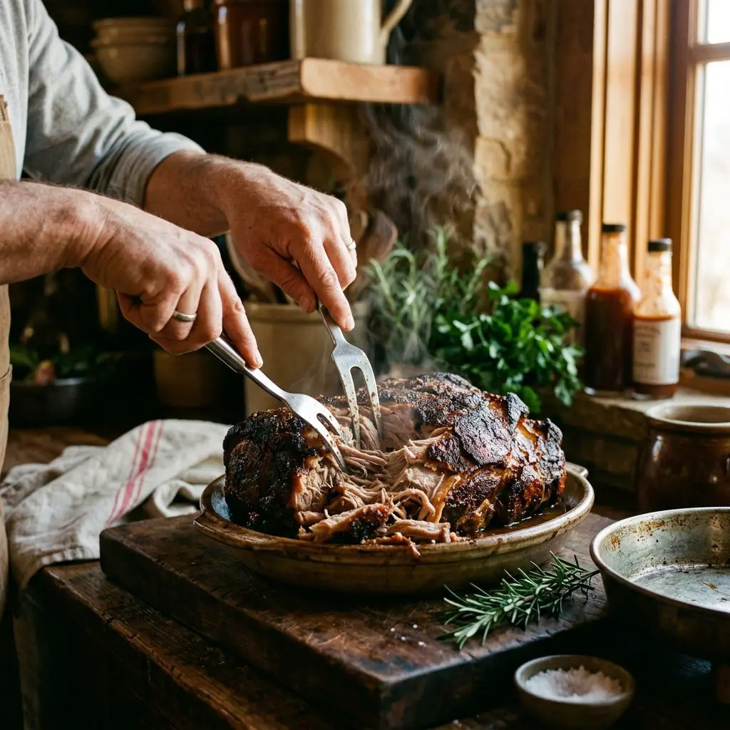A cook's hands using two large steel forks to tear and shred a massive, roasted, incredibly tender pork shoulder, revealing steaming, juicy meat beneath the dark caramelized crust.