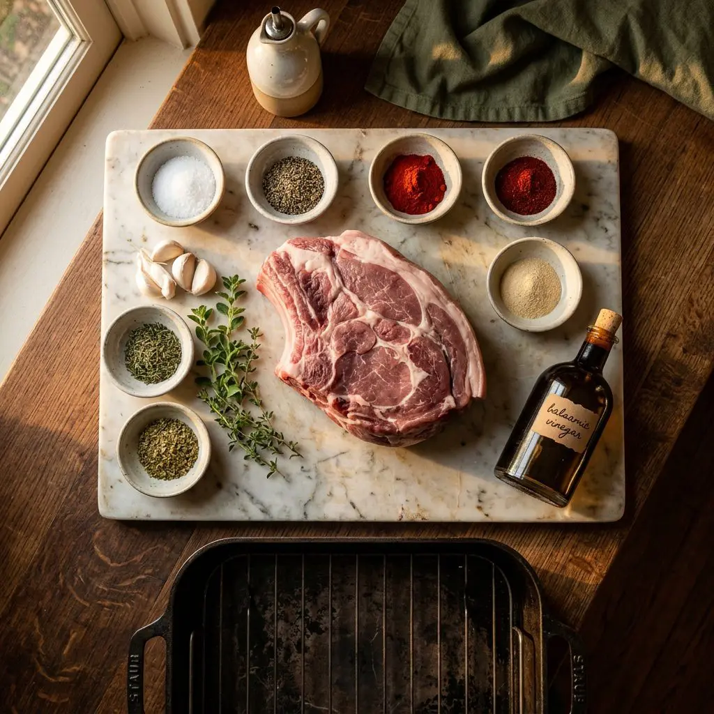 Ingredients arranged: a massive raw pork shoulder roast, garlic powder, chili powder, kosher salt, coarse black pepper, dried oregano, dried thyme, paprika, a bottle of balsamic vinegar, and a heavy roasting pan around a marble prep board.