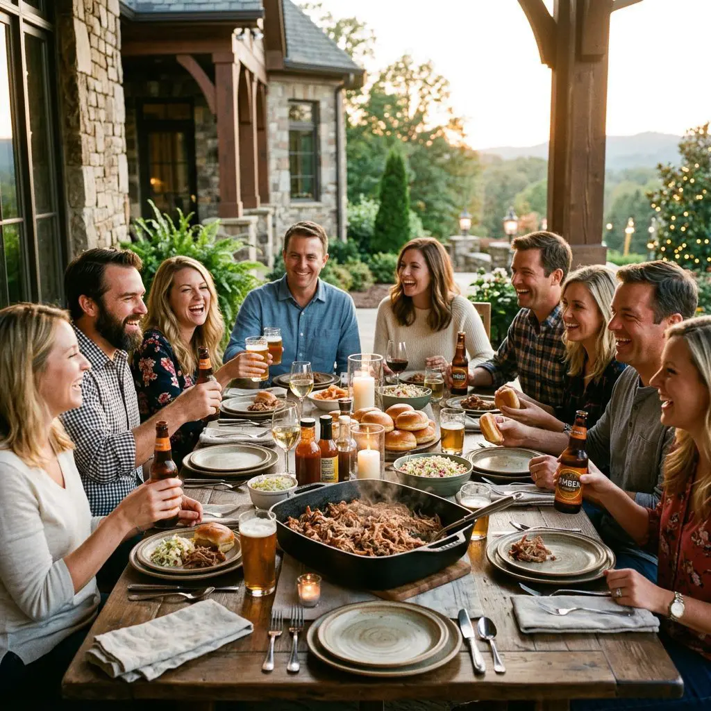 8 guests gathered around the table laughing, eating, and drinking cold beers in a North Carolina Estate dining patio. A massive roasting pan filled with steaming Pulled Pork and stacks of buns anchors the center of the joyful feast.