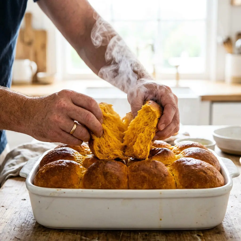 A cook's hands tearing apart a massive, soft, intensely orange pumpkin dinner roll directly out of a tightly packed, heavy white ceramic baking dish. Thick steam rises from the brilliantly colored, staggeringly tender torn crumb.