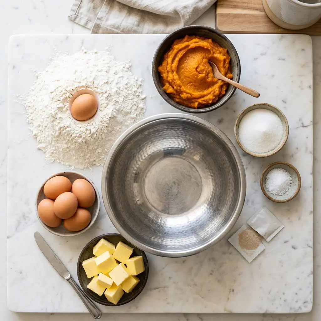 Ingredients arranged: a massive mound of unbleached all-purpose flour, a dark ceramic bowl of incredibly vibrant, thick orange pumpkin puree, raw eggs, vibrant yellow butter, small bowls of white granulated sugar, coarse salt, and active dry yeast packets surrounding a heavy metal mixing bowl on a marble prep board.