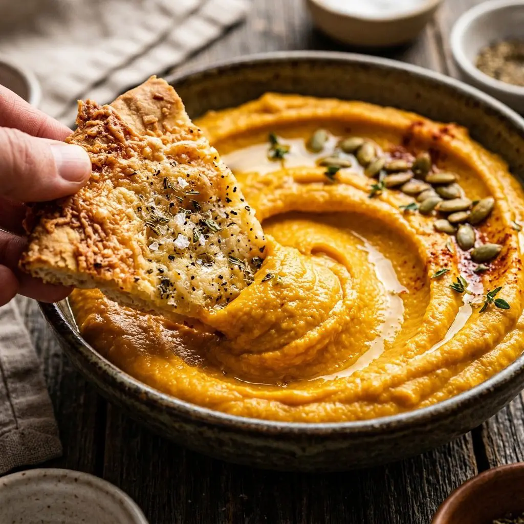 Extreme close-up action shot sweeping a golden, crispy Parmesan-crusted pita wedge through a bowl of vibrant, velvety smooth pumpkin hummus