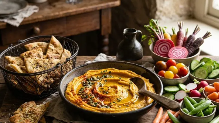 Stunning plated serving of Pumpkin Hummus with Homemade Pita wedges and Crudité, a chef-tested recipe by Chef Jorj Morgan.