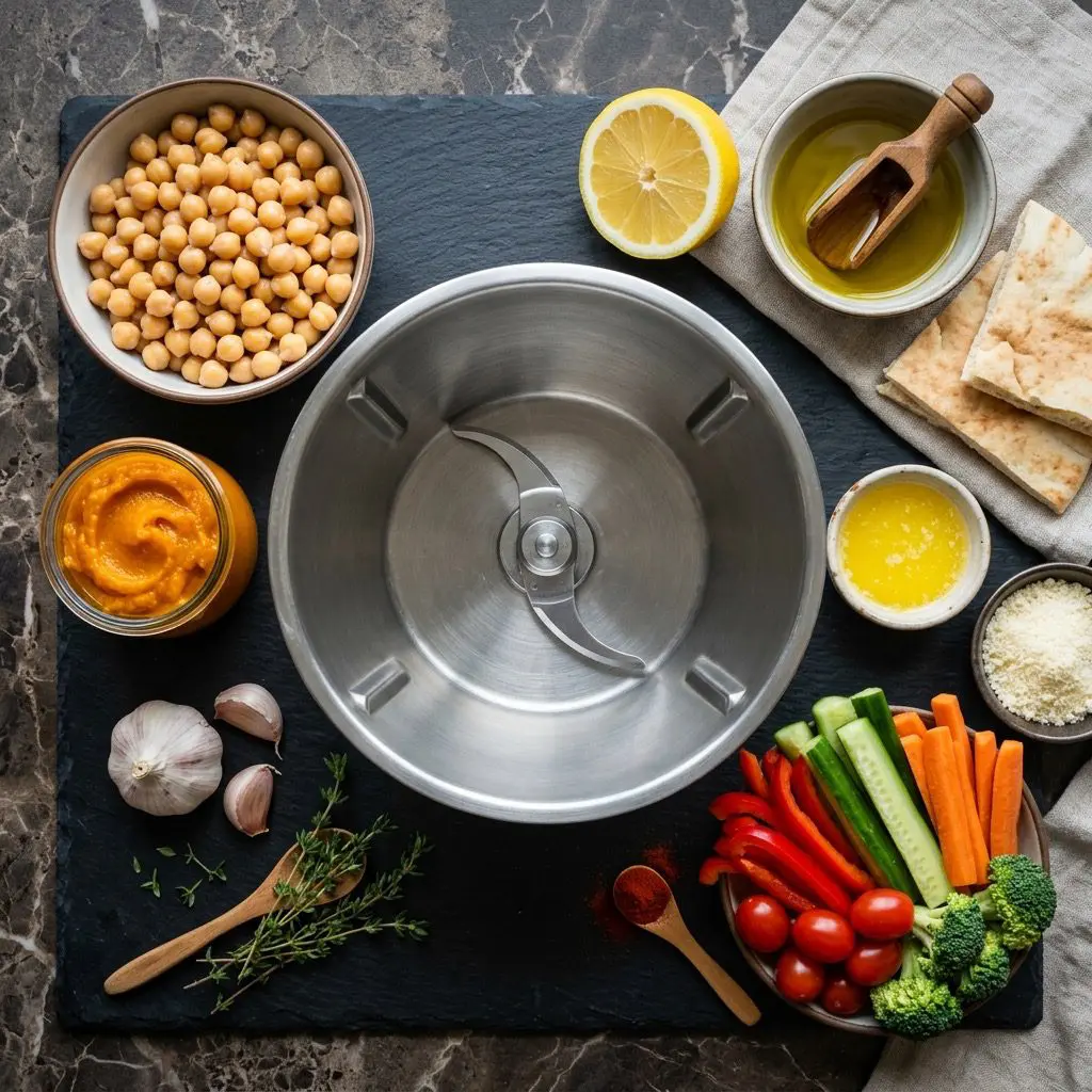 Overhead prep shot of fresh ingredients for pumpkin hummus, including chickpeas, pumpkin puree, olive oil, lemon, pita wedges, Parmesan, and a variety of colorful crudité vegetables