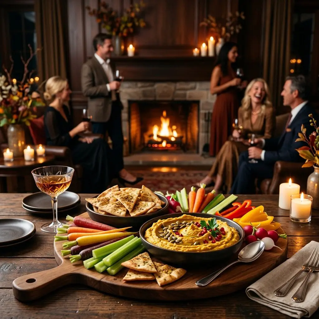 An elegant, formal autumn cocktail party setting featuring a large wooden board of vibrant Pumpkin Hummus, warm pita chips, and crisp crudité, with a sophisticated gathering in the background