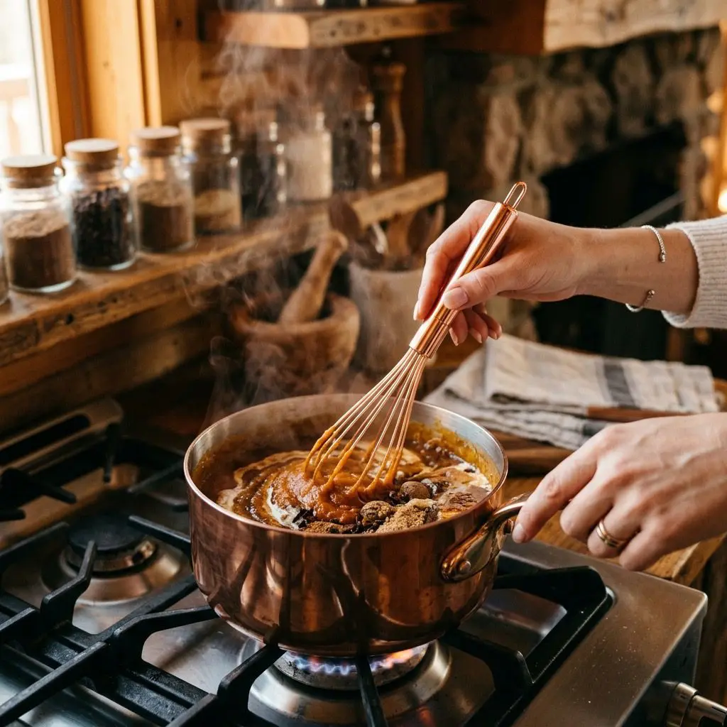 Clean hands using a copper whisk to stir together rich heavy cream, dark brown sugar, smooth pumpkin puree, and warm pumpkin pie spices in a polished copper saucepan over a soft stove flame. Soft steam rises from the pot, catching the warm amber hearth light. The background is a soft blur of a cozy wooden kitchen. Plain glass jars rest on a wooden shelf in the soft background without any text, labels, or writing.