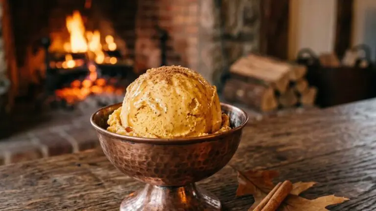 Stunning plated serving of Pumpkin Pie Ice Cream, a chef-tested recipe by Chef Jorj Morgan.