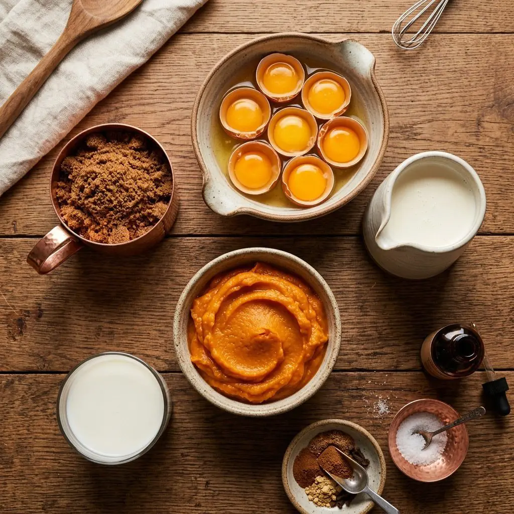 Raw ingredients arranged in copper and stoneware bowls on a rustic oak table. The ingredients include a copper cup of dark brown sugar, six large brown eggs showing golden egg yolks in a ceramic dish, a pitcher of rich heavy cream, a small bowl of smooth pumpkin puree, a glass of fresh milk, vanilla extract in an amber bottle, a copper pinch bowl of salt, and a dish of ground pumpkin pie spices (cinnamon, nutmeg, ginger). Soft amber hearth lighting, clean and styling.
