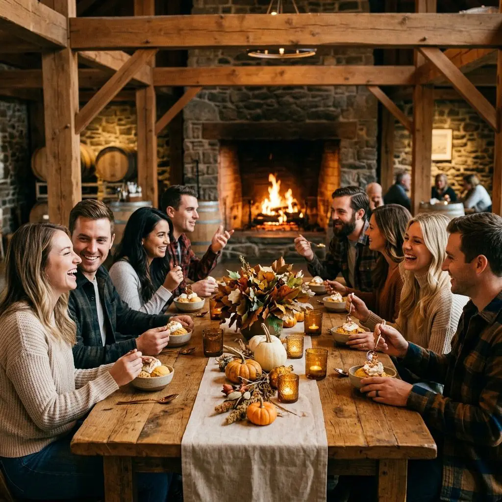 Eight guests laughing, sharing stories, and enjoying fresh pumpkin ice cream together. They are gathered around a long rustic oak harvest table inside a cozy timber-beamed estate cider mill on a cool late-autumn evening. The table is dressed with linen runners, stoneware dessert bowls, glowing copper spoons, and tiny heirloom pumpkins, with a large stone hearth fireplace glowing in the background. Cozy, branding.